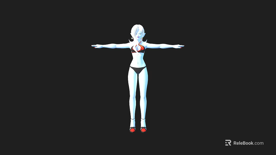Anime Style Female Character With White Hair Bikini And Red Heels 3d model 