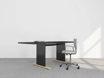 Modern Black Office Desk With Books Gray Wheeled Chair White Room Gray Carpet And Sunlight 3d model