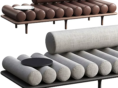 Cylindrical Cushion Multi Person Sofa In Brown And Gray With Small Black Trays 3d model