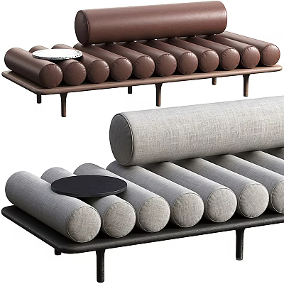 Cylindrical Cushion Multi Person Sofa In Brown And Gray With Small Black Trays 3d model