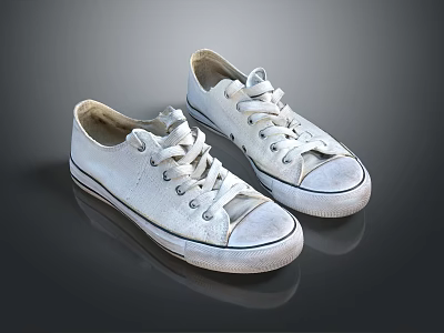 White Canvas Casual Shoes With Classic Laced Design And Distressed Worn Look 3d model