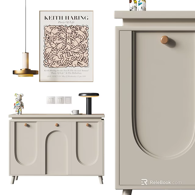 Light Colored Console And Side Cabinet With Arched Doors Wooden Knobs And Decorative Items 3d model