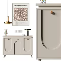 Light Colored Console And Side Cabinet With Arched Doors Wooden Knobs And Decorative Items 3d model