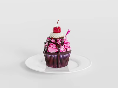 Delicious Cupcake With Pink Purple Frosting Cherry And Whipped Cream On White Plate 3d model
