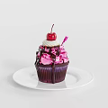 Delicious Cupcake With Pink Purple Frosting Cherry And Whipped Cream On White Plate