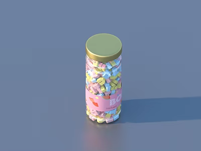 Glass Jar Filled With Colorful Pills Featuring Golden Lid And Pink Label 3d model