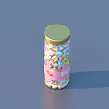 Glass Jar Filled With Colorful Pills Featuring Golden Lid And Pink Label