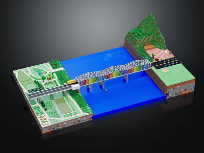 Vibrant Cartoon Scene With Bridge Over Blue River Green Grass And Small Car 3d model