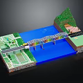 Vibrant Cartoon Scene With Bridge Over Blue River Green Grass And Small Car