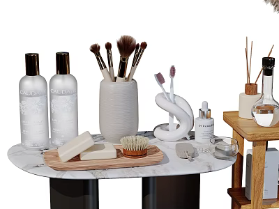 Bathroom Set With Marble Tabletop Makeup Brushes Toothbrushes Soap And Wooden Tray 3d model