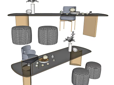 Modern Tea Table and Chairs Set with Checkered Stools and Decorative Vases 3d model