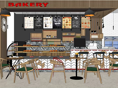Cozy Bakery Interior With Display Cases Tables Chairs And Menu Boards 3d model