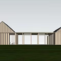 Modern Single Family House Exterior With Wooden Siding Gable Roof And Large Glass Windows