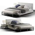 Modern Double Bed with Upholstered Headboard Bed Bench Pillows Bedside Table and Table Lamp 3d model