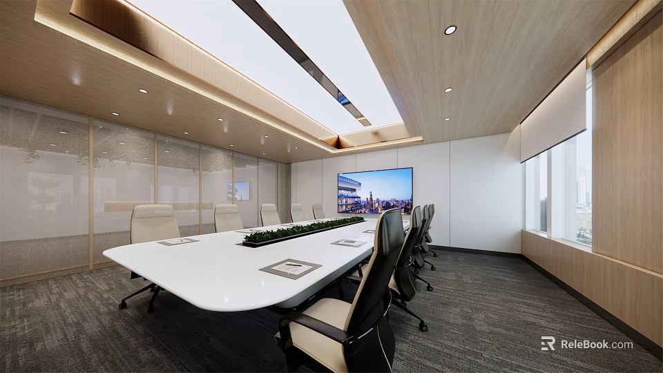 Modern Conference Room Interior With Long White Table Wooden Ceiling And Large Screen Windows 3d model 