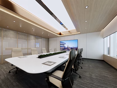 Modern Conference Room Interior With Long White Table Wooden Ceiling And Large Screen Windows 3d model