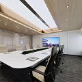 Modern Conference Room Interior With Long White Table Wooden Ceiling And Large Screen Windows