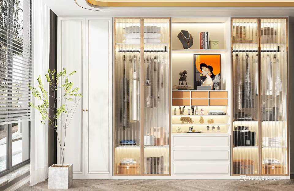 Modern Stylish Closet With Glass Doors Hanging Folded Clothes Decorative Items And Drawers 3d model 