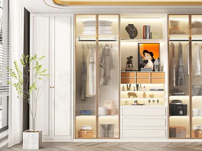 Modern Stylish Closet With Glass Doors Hanging Folded Clothes Decorative Items And Drawers 3d model