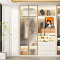 Modern Stylish Closet With Glass Doors Hanging Folded Clothes Decorative Items And Drawers