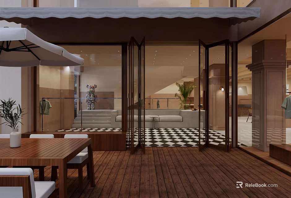 Modern Clothing Store Exterior With Glass Doors Wooden Deck And Stylish Interior 3d model 
