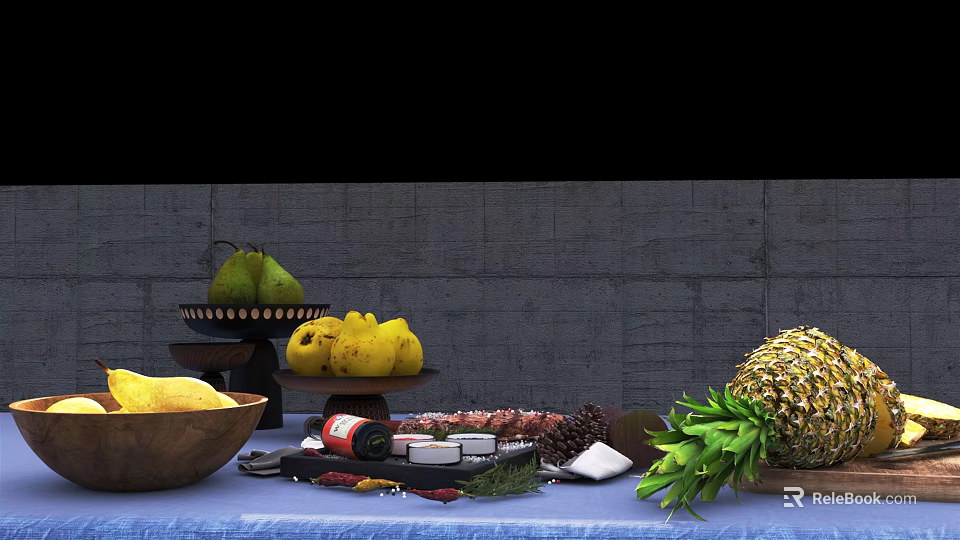 Fresh Pears Lemons and Pineapple Arranged on Blue Tablecloth with Gray Wall Background 3d model 