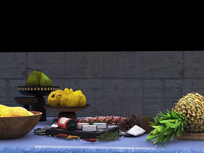 Fresh Pears Lemons and Pineapple Arranged on Blue Tablecloth with Gray Wall Background 3d model