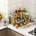 Organized Spice Bottles And Condiment Containers On Kitchen Counter With White Tile Wall