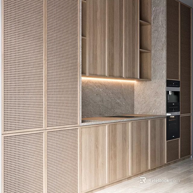 Modern Kitchen Interior With Wooden Cabinets Perforated Doors And Marble Countertop 3d model 