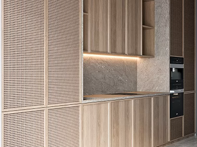 Modern Kitchen Interior With Wooden Cabinets Perforated Doors And Marble Countertop 3d model