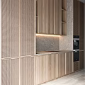 Modern Kitchen Interior With Wooden Cabinets Perforated Doors And Marble Countertop