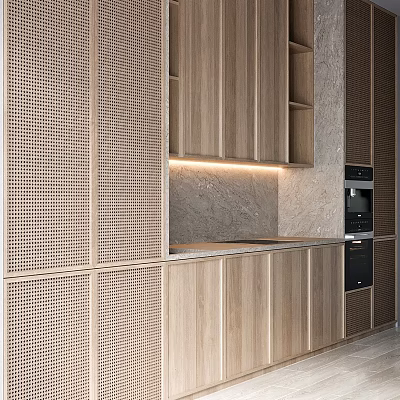 Modern Kitchen Interior With Wooden Cabinets Perforated Doors And Marble Countertop 3d model