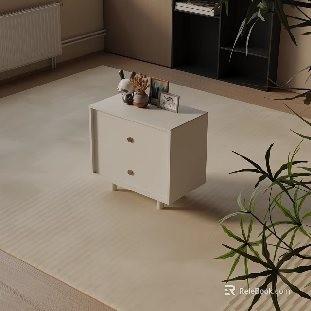 Minimalist Modern White Nightstand With Two Drawers Gold Handles Decorative Items And Green Plant 3d model 