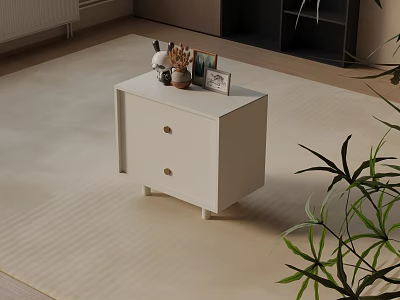 Minimalist Modern White Nightstand With Two Drawers Gold Handles Decorative Items And Green Plant 3d model