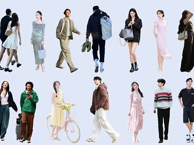 Diverse Group of People in Various Clothing Styles Carrying Bags and Bicycle 3d model
