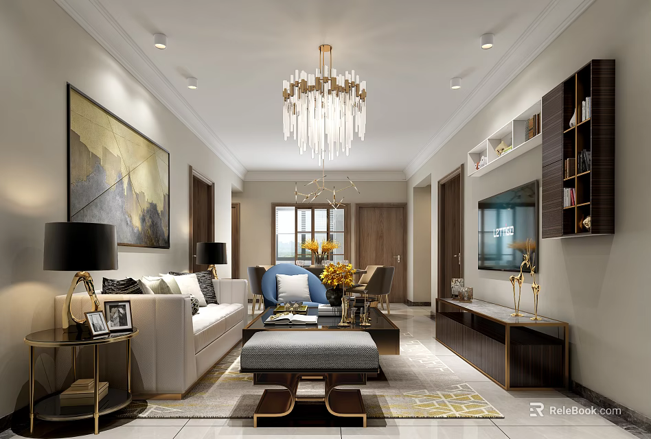 Modern Living Room Interior With Chandelier White Sofa Gray Ottoman Wall Art And TV Cabinet 3d model 