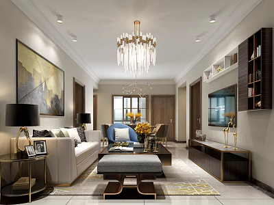 Modern Living Room Interior With Chandelier White Sofa Gray Ottoman Wall Art And TV Cabinet 3d model