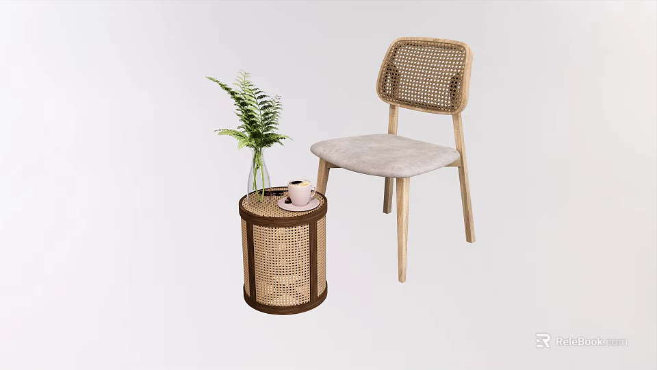 Modern Leisure Chair Featuring Rattan Backrest Light Colored Cushion Wooden Legs And Rattan Side Table 3d model 