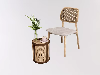 Modern Leisure Chair Featuring Rattan Backrest Light Colored Cushion Wooden Legs And Rattan Side Table 3d model