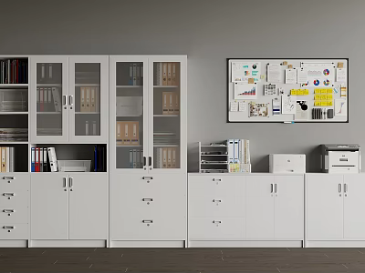 Organized Office Interior With White Storage Cabinets Bookshelves Bulletin Board And Printer 3d model