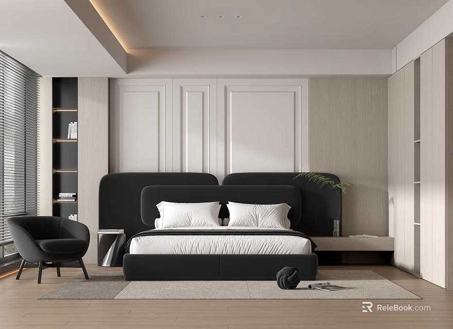 Modern Bedroom Interior With Black Headboard White Pillows Black Chair Blinds And Wooden Walls 3d model 