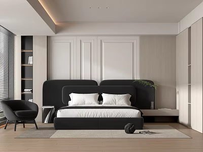 Modern Bedroom Interior With Black Headboard White Pillows Black Chair Blinds And Wooden Walls 3d model