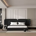 Modern Bedroom Interior With Black Headboard White Pillows Black Chair Blinds And Wooden Walls