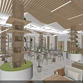 Modern Teahouse Interior With Wooden Shelves Tea Sets Seating And Green Plants