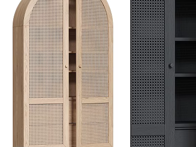 Light And Dark Sideboard Cabinets With Rattan Mesh Panels And Storage Shelves 3d model