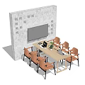 Modern Conference Table With Laptop And Orange Chairs Near Large Screen On White Wall