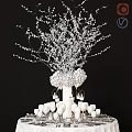 Dining Table Decorated With White Flowering Branches Large White Flowers Hanging Lanterns And Glassware