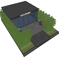 Garbage Sorting House Surrounded by Green Plants Trees and Waste Bins with Paved Ground