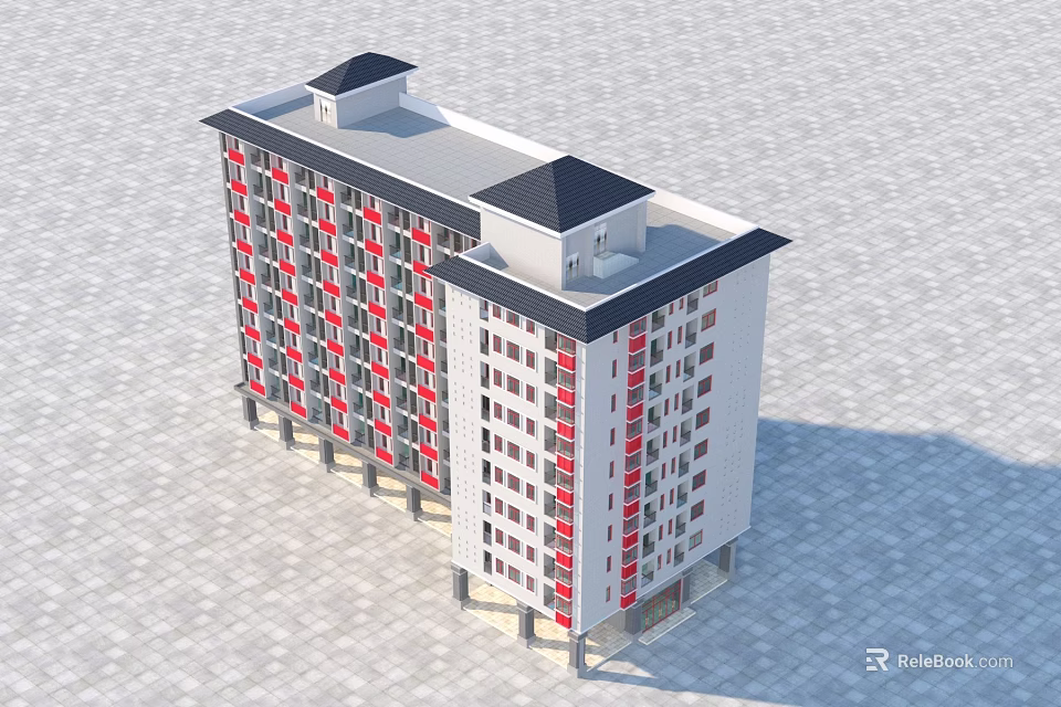 Modern Multi storey Residential Building With White Exterior And Red Balconies 3d model 