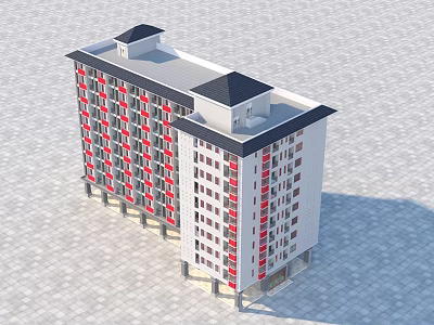 Modern Multi storey Residential Building With White Exterior And Red Balconies 3d model